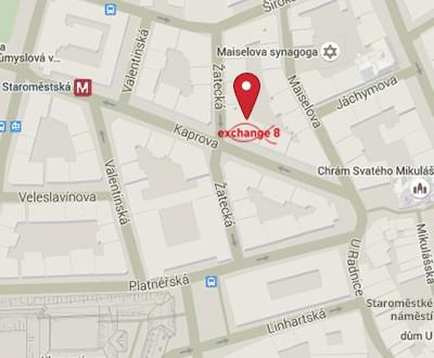 Náhled mapky: směnárna Exchange 8 se náchází v Praze 1 Žatecká 8, poblíž rohu Kaprovy ulice, přibližně v polovině cesty mezi Staroměstským náměstím a metrem Staroměstká.